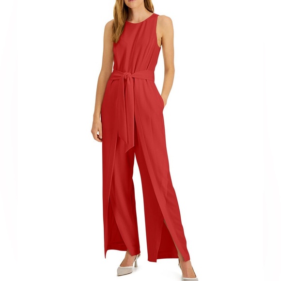 INC International Concepts Pants - INC International Concepts Formal Red Jumpsuit with Waist Tie and Flowy Leg Slit